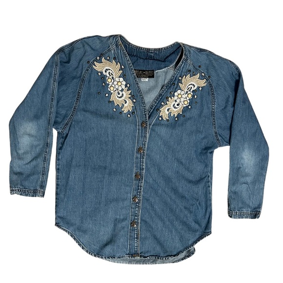 Denim shirt with lace and gem details by Marshall Rousso - Picture 1 of 6